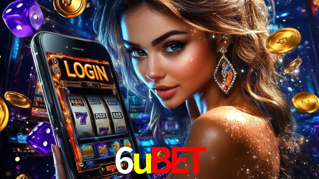 Mulher glamorosa segurando um smartphone com a tela de login para os jogos de caça-níqueis do cassino online 6ubet, com moedas de ouro e dados ao redor.