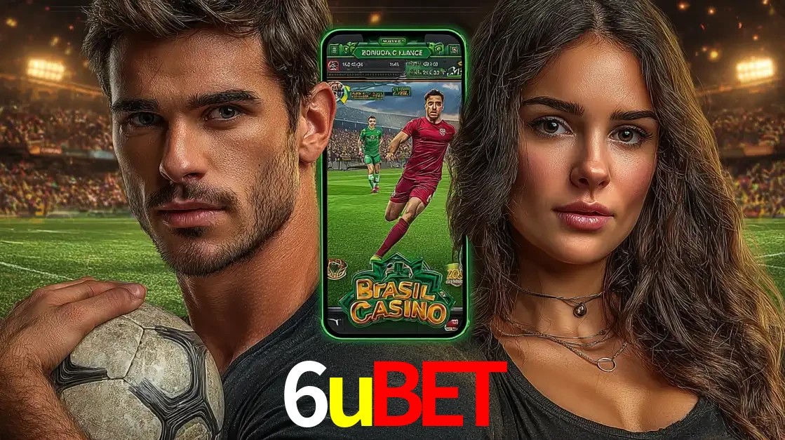 Homem segurando uma bola de futebol e uma mulher ao lado de um smartphone exibindo o jogo de apostas esportivas da 6ubet. Faça seu palpite no cassino online.